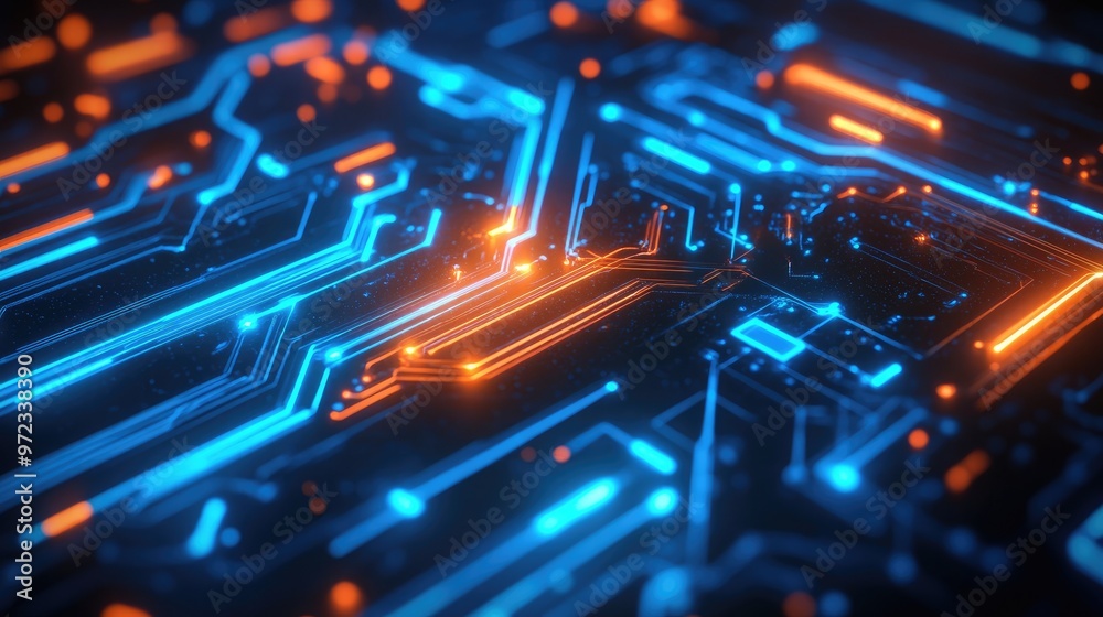 Abstract glowing blue and orange circuit board background. Abstract glowing blue and orange circuit board background.