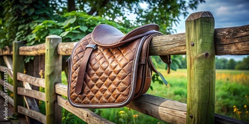 A close-up of a sinewy horse's canvas saddle pad, adorned with intricate stitching, lies atop a rustic wooden photo