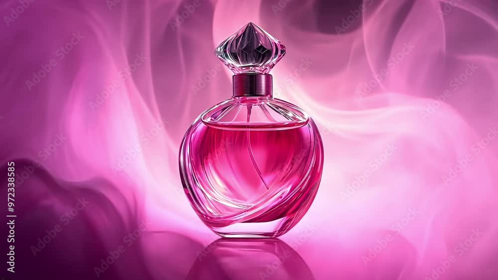 Elegant glass or crystal fragrance bottle with a pink-purple backdrop of smoke waves