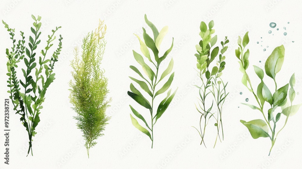 Aquatic Flora Collection, Vibrant underwater plants including various grasses, algae, nori, and kelp, ideal for store design, print materials, and branding projects. Aquatic Flora Collection, Vibrant underwater plants including various grasses, algae, nori, and kelp, ideal for store design, print materials, and branding projects.
