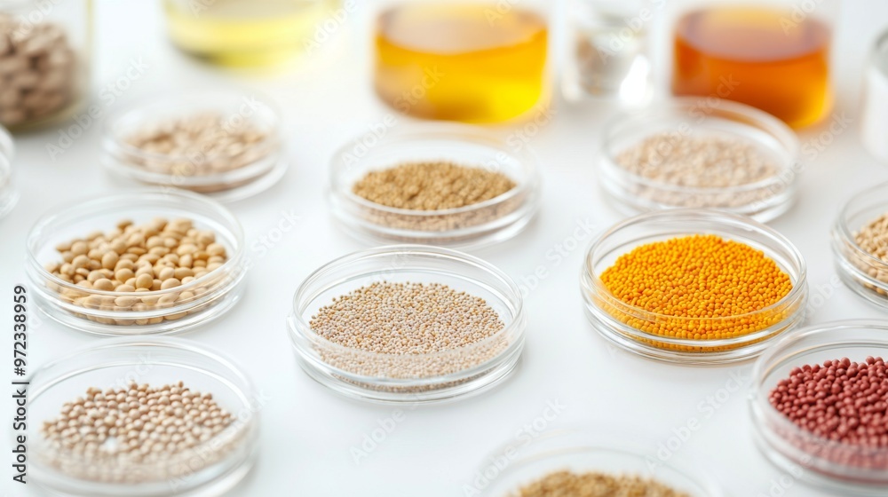 Closeup of seeds in petri dishes for genetic research, showcasing intricate details and textures, emphasizing the scientific exploration of plant genetics and growth potential. Closeup of seeds in petri dishes for genetic research, showcasing intricate details and textures, emphasizing the scientific exploration of plant genetics and growth potential.