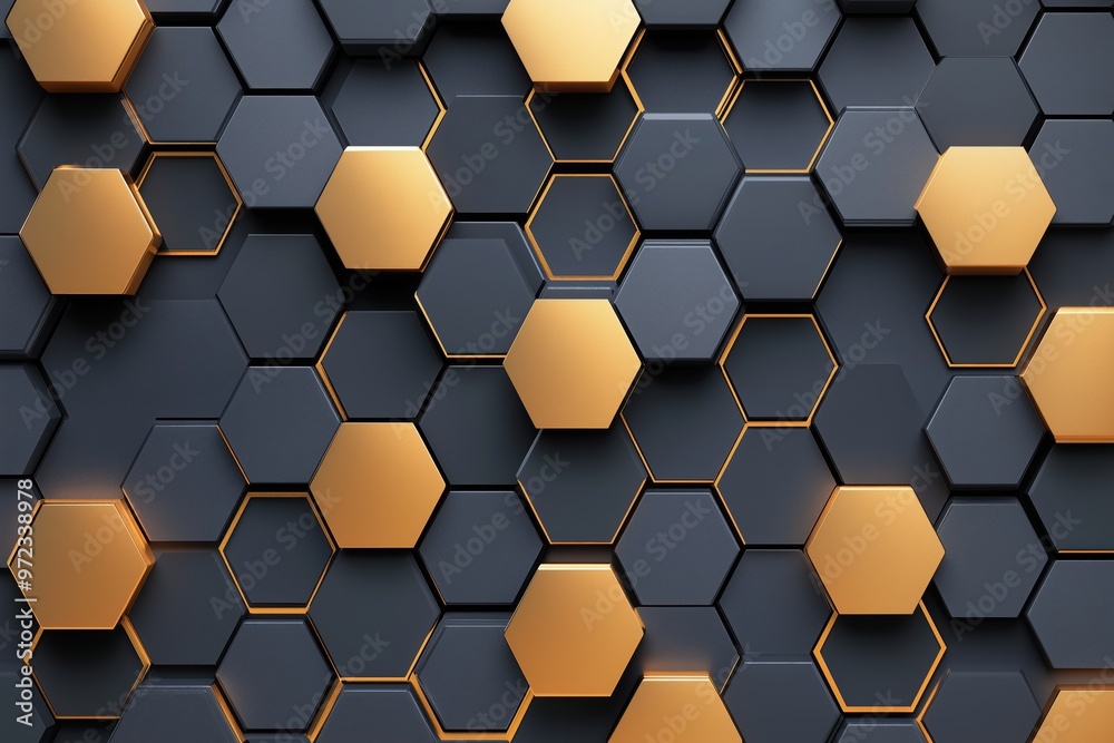3D Modern abstract design featuring a hexagonal pattern in black, and gold creates sleek, geometric, and futuristic look with metallic accents. 3D Modern abstract design featuring a hexagonal pattern in black, and gold creates sleek, geometric, and futuristic look with metallic accents.