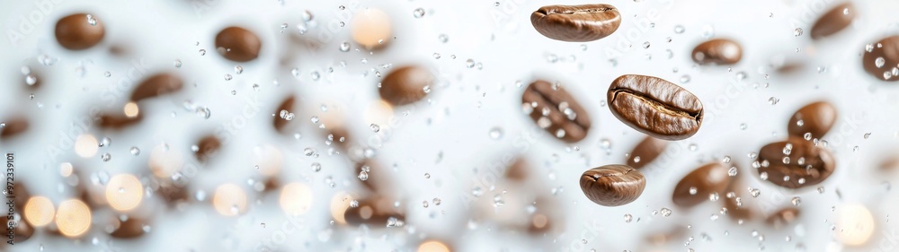 Dynamic coffee splash with falling beans, vibrant liquid motion on a pristine white backdrop, ideal for coffee flavor branding and culinary design inspiration. Dynamic coffee splash with falling beans, vibrant liquid motion on a pristine white backdrop, ideal for coffee flavor branding and culinary design inspiration.
