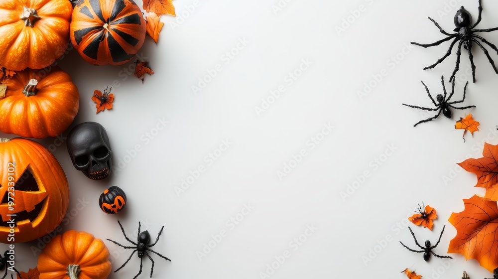 Fototapeta premium Festive Halloween Decorations Arrangement on Light Grey Background with Copy Space on Right