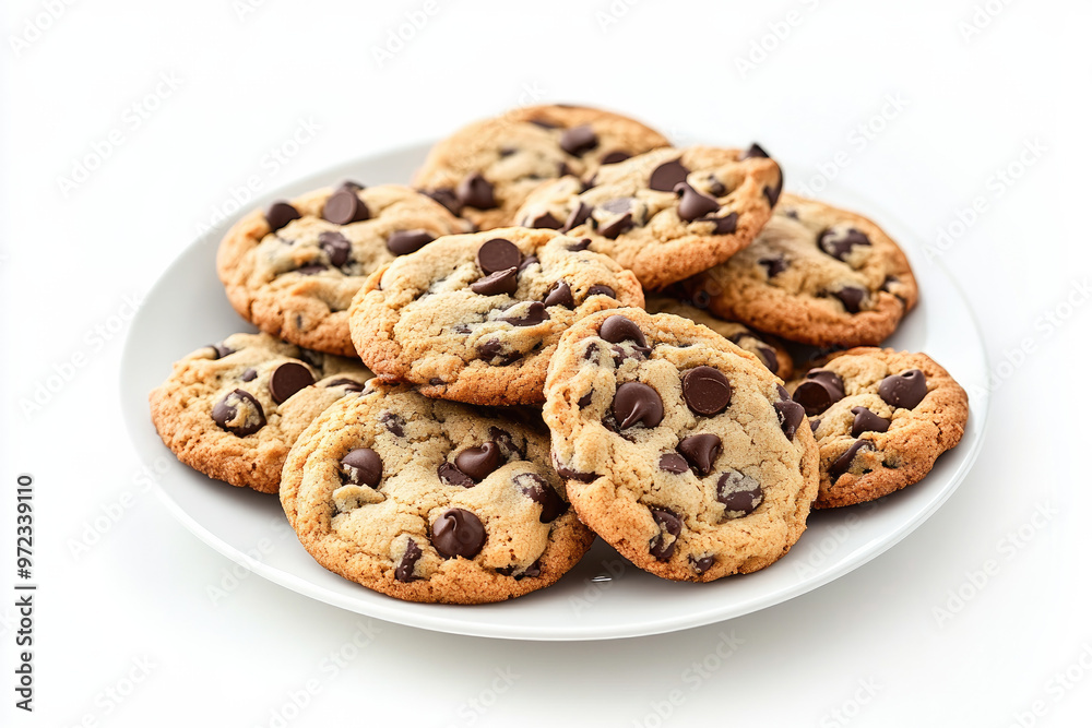 A plate of freshly baked chocolate chip cookies, golden brown with visible chocolate chips, set against a clean white background. The image evokes a sense of comfort, and homemade treats. A plate of freshly baked chocolate chip cookies, golden brown with visible chocolate chips, set against a clean white background. The image evokes a sense of comfort, and homemade treats.