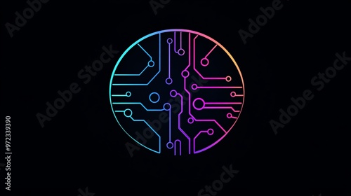 A colorful abstract circuit board design in a circle on a black background.