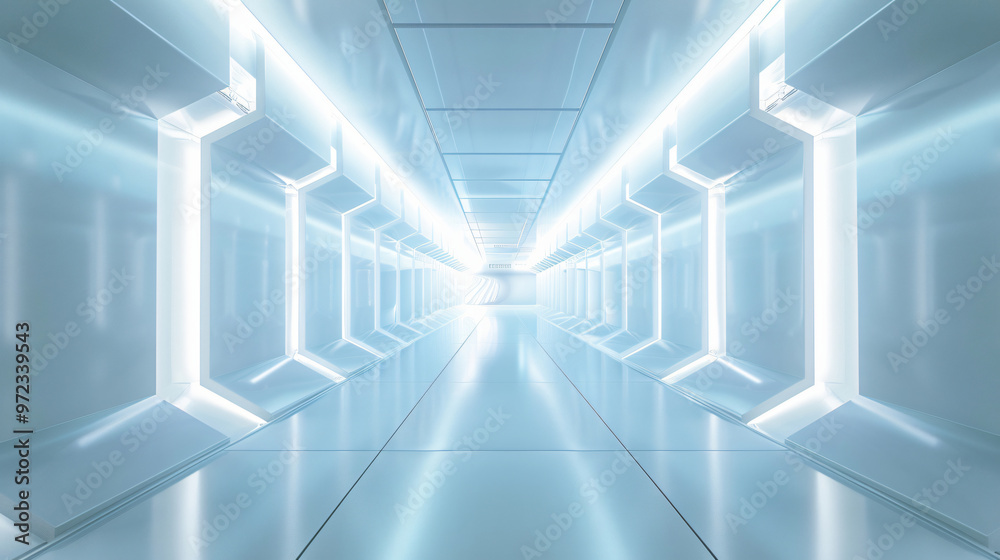 Obraz premium A sleek and modern corridor with bright white lighting, showcasing a futuristic design with reflective surfaces that create a clean and minimalistic space, ideal for sci-fi themed visuals.