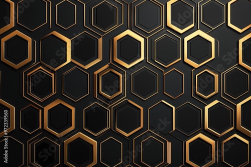 Geometric 3D background with black and gold metallic hexagons. Abstract pattern offers a sleek, modern design, perfect for luxury, business, and high-tech visual backdrops.