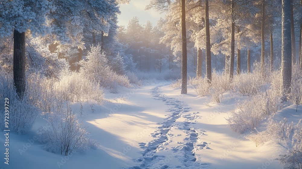 Snowy woodland trail with animal tracks in the snow, and tall pines covered in frost. 4K hyperrealistic photo. Snowy woodland trail with animal tracks in the snow, and tall pines covered in frost. 4K hyperrealistic photo.