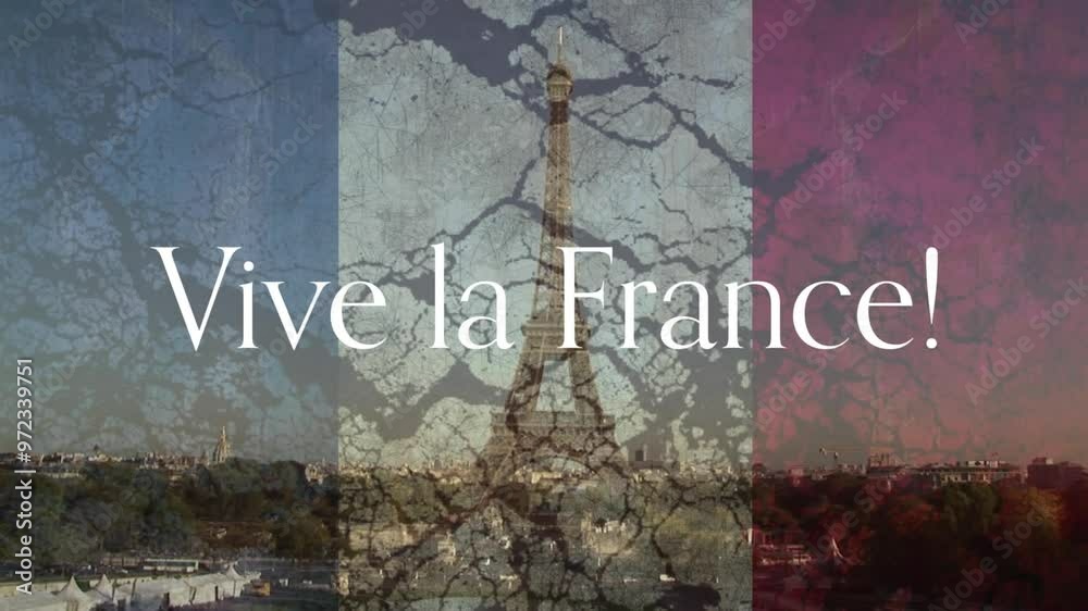 Animation of vive la france text and french flag with eiffel tower