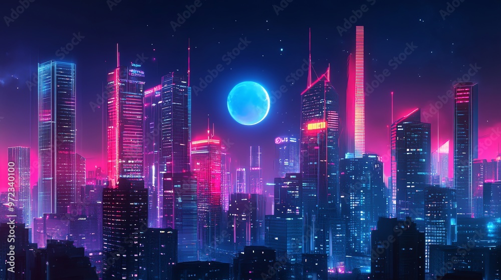 Futuristic city skyline with neon lights and a blue moon. Futuristic city skyline with neon lights and a blue moon.