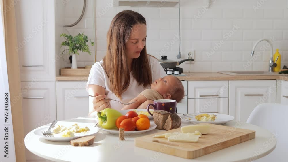 Mother with newborn enjoying fresh meal together at table in kitchen creating comfortable and healthy environment for family and child trying to eat while taking care of child Mother with newborn enjoying fresh meal together at table in kitchen creating comfortable and healthy environment for family and child trying to eat while taking care of child