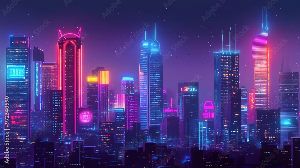 Fototapeta premium A stylized city skyline at night with glowing neon signs and a purple and pink sky.