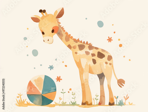 A charming watercolor illustration of a giraffe curiously looking down at a colorful beach ball, surrounded by playful elements like flowers and bubbles, perfect for children's art themes. photo