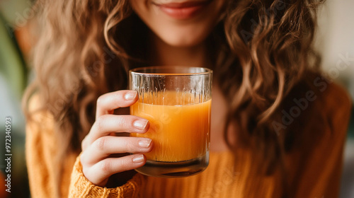 A woman with curly hair holds a glass of fresh orange juice in a cozy indoor setting during the morning