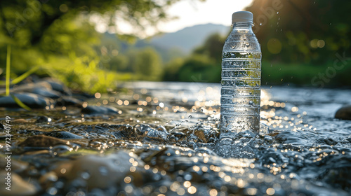 Water bottle amidst splashes in a river at sunset highlighting nature's beauty and cleanliness
