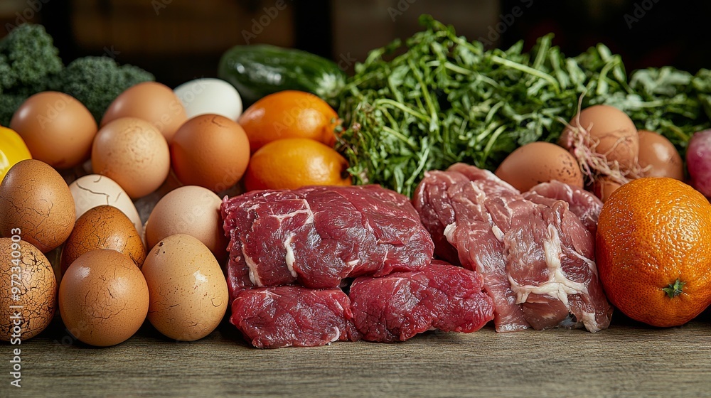 Fresh Ingredients. Eggs, Beef, Pork, and Vibrant Vegetables for Healthy Cooking and Meal Prep Fresh Ingredients. Eggs, Beef, Pork, and Vibrant Vegetables for Healthy Cooking and Meal Prep