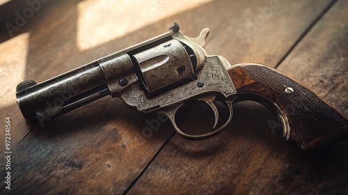 Engraved revolver handgun resting on a wooden table