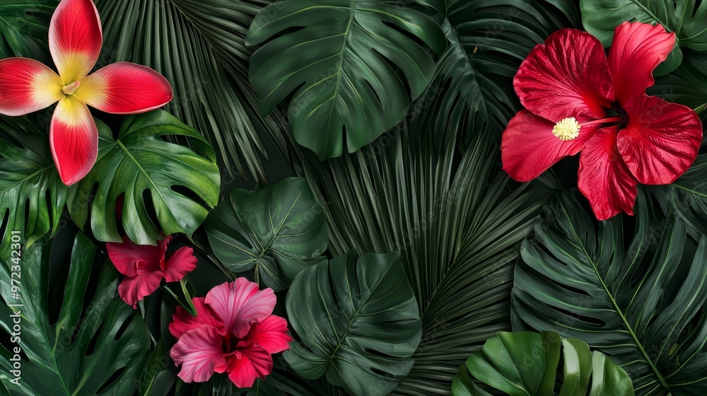Naklejka premium An array of tropical leaves like banana and coconut palms, paired with spring flowers like hibiscus and lilies, bursting with fresh energy