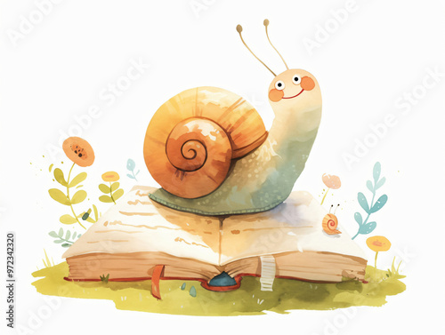 An enchanting illustration of a smiling snail sitting on an open book, surrounded by flowers and greenery, symbolizing curiosity and the joy of reading in a vibrant and friendly manner.