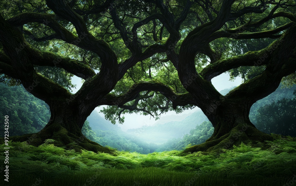An enchanted forest with ancient trees towering above a carpet of glowing moss, where mythical creatures roam among the lush, overgrown plants