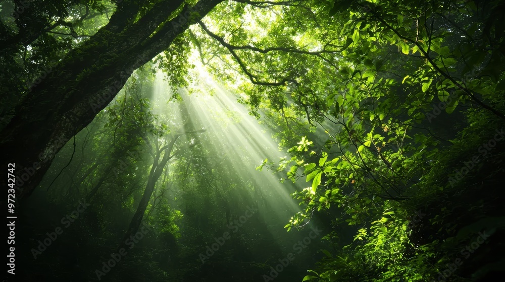 Fototapeta premium An ethereal forest with ancient, towering trees and vibrant green vegetation, where soft beams of light filter through the canopy, revealing hidden fairy homes