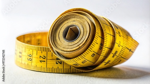 A close-up shot of a worn, yellow tape measure unwinding from a wooden spool, displaying centimeter markings, against photo