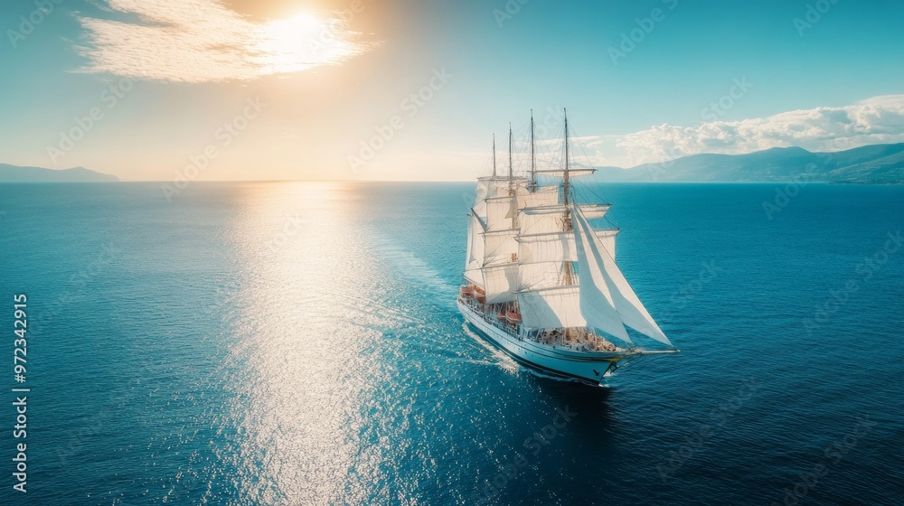 Obraz premium Sailing ship with white sails on the sea, blue sky and sun
