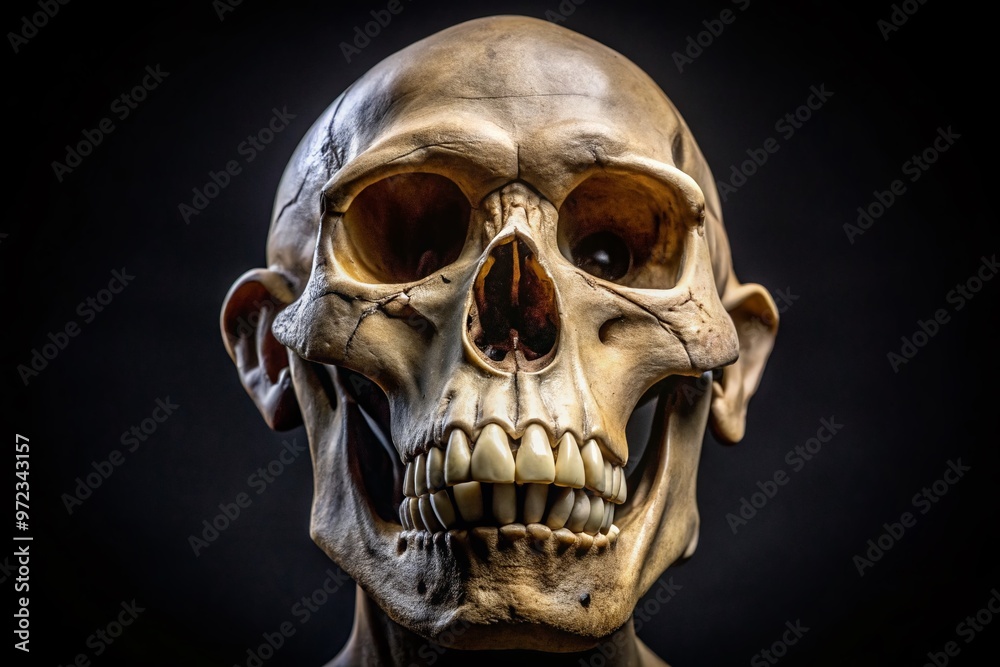A close-up view of a gorilla's skull, showcasing its robust facial structure, prominent nasal bone, and intimidating A close-up view of a gorilla's skull, showcasing its robust facial structure, prominent nasal bone, and intimidating