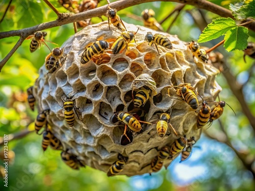 A close-up view of a hornet's nest, intricately built with papery cells, suspended from a tree branch, showcasing photo