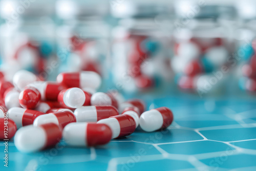 Pills scattered on blue surface with jars in background, conveying sense of health and wellness