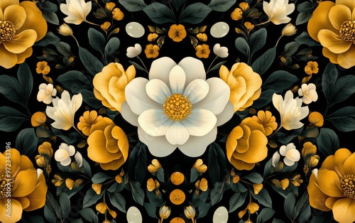 Intricate fantasy flowers like glowing orchids and moonflowers arranged in a symmetrical, vintage wallpaper pattern with gold and emerald accents photo