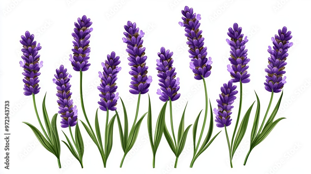 Naklejka premium A vibrant illustration of lavender flowers in full bloom, showcasing their rich purple color and delicate green leaves.