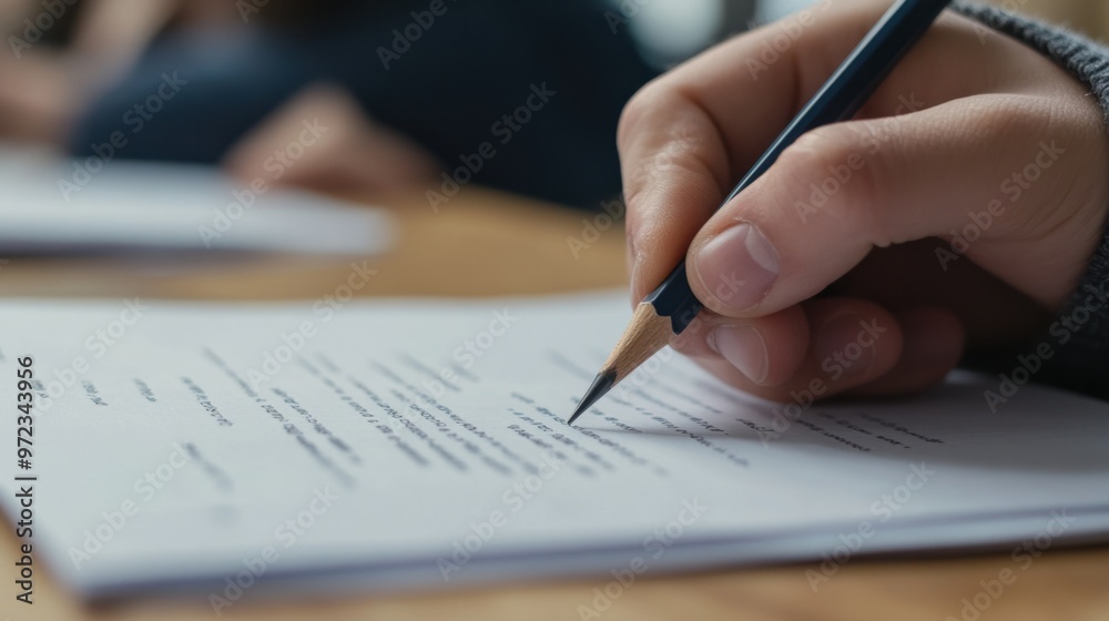 A close-up of an exam paper, with a student hand holding a pencil next to a difficult question, highlighting the uncertainty A close-up of an exam paper, with a student hand holding a pencil next to a difficult question, highlighting the uncertainty