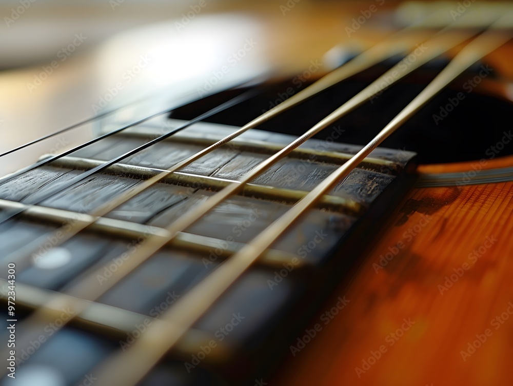 Close-up of an acoustic guitar's fretboard.