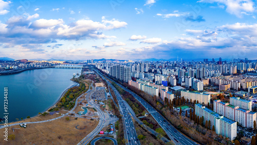 Banpo, Seocho-gu, Han River, Seoul, South Korea - November 29, 2020: Aerial and panoramic view of Olympic boulevard and Han River Citizen Park near Han River