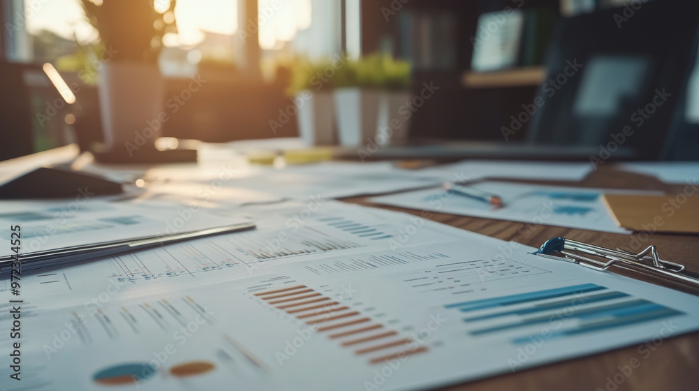 Business plan charts and graphs printed on paper and scattered on a desk Business plan charts and graphs printed on paper and scattered on a desk