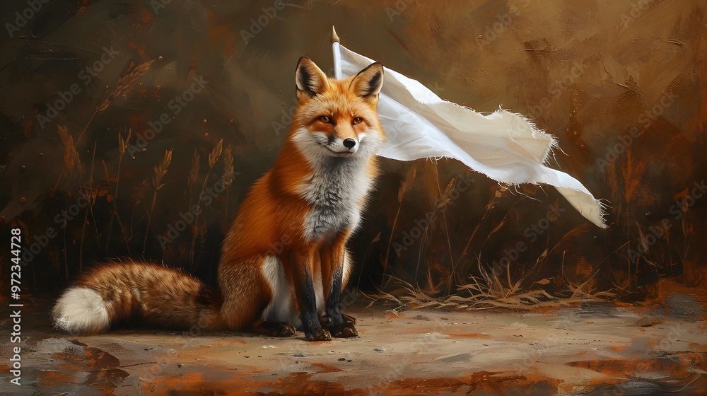 Naklejka premium Fox Holding White Flag: A clever fox sitting gracefully, holding a white flag between its teeth. 