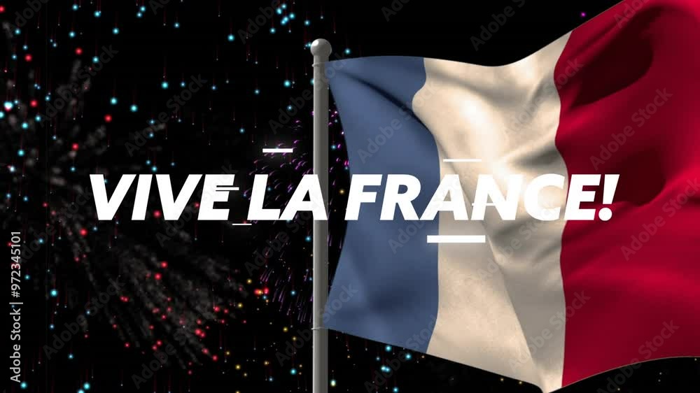 Animation of vive la france text and french flag and fireworks