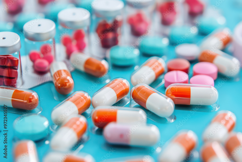 Colorful capsules and tablets scattered on blue surface create vibrant display of medication Colorful capsules and tablets scattered on blue surface create vibrant display of medication