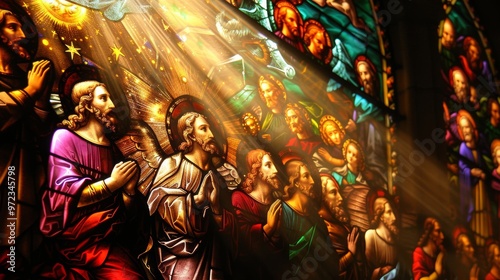 Stained glass window with religious figures and vibrant colors.