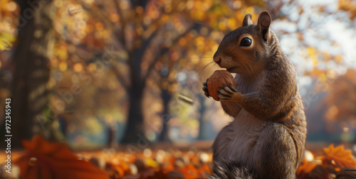 Squirrel holding a nut with blurred park scene in background