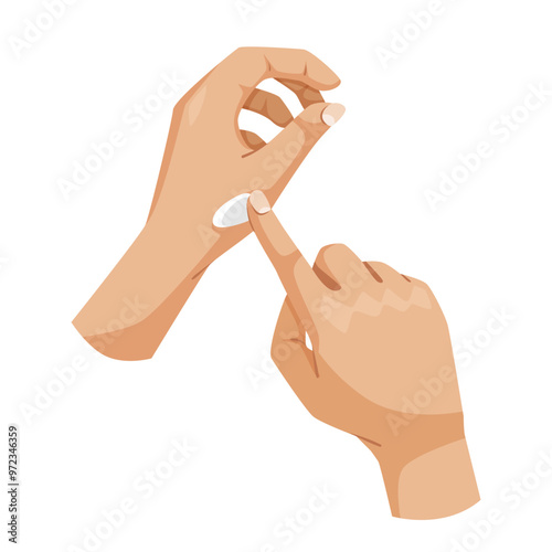 Hands applying cream on a wrist, illustrated in a flat graphic style, with a white background. Concept of skincare and healthcare. Vector illustration