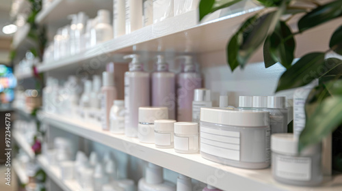 Skincare products on white shelves in a retail store.