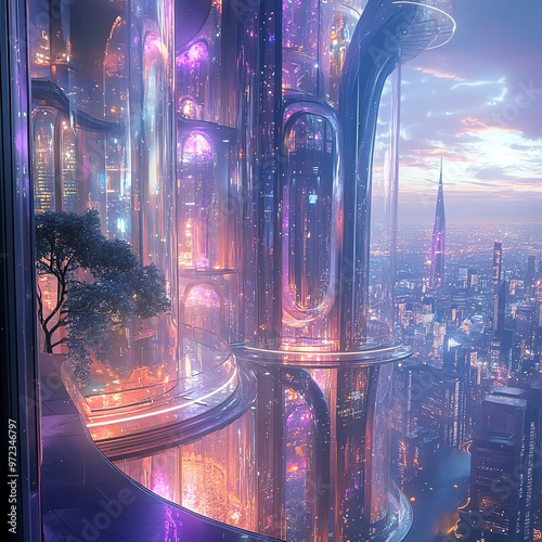 A breathtaking wide-angle view of a fantasy world blending seamlessly with futuristic architectural wonders photo