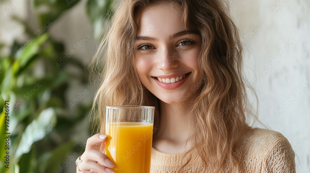 A young woman smiles while holding a glass of fresh orange juice in a cozy café surrounded by vibrant green plants A young woman smiles while holding a glass of fresh orange juice in a cozy café surrounded by vibrant green plants