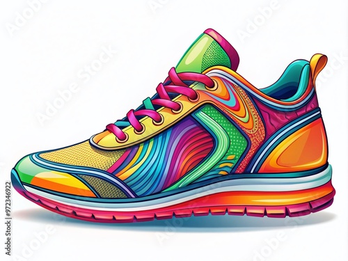 A colorful illustration of a popular athletic shoe design, featuring bold lines, vibrant hues, and intricate details,