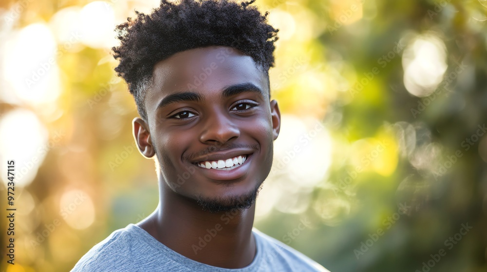Portrait of a young African American man smiling outdoors.