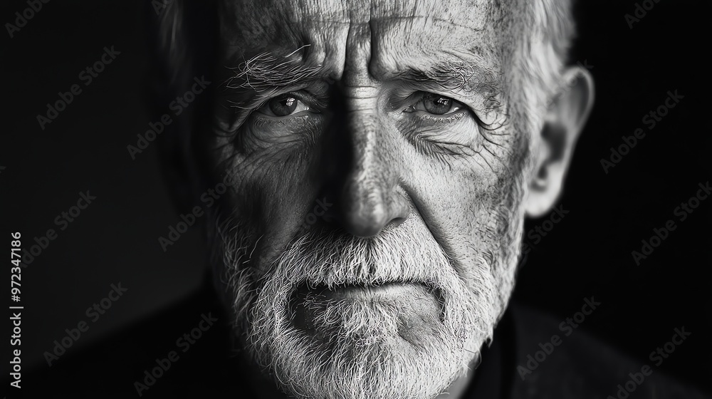 Black and white portrait of a serious older man with a beard and wrinkles. Black and white portrait of a serious older man with a beard and wrinkles.