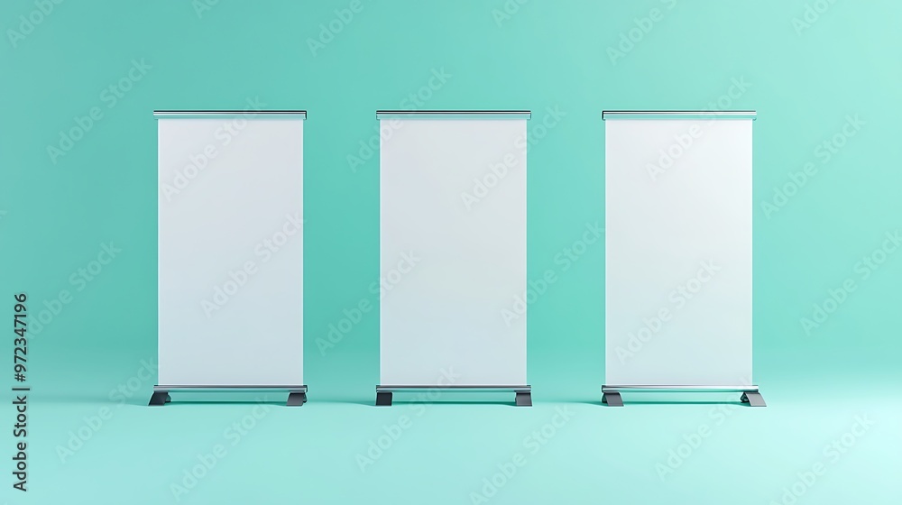 Blank Roll Up Banner Stands Mockup on Turquoise Background Blank Roll Up Banner Stands Mockup on Turquoise Background